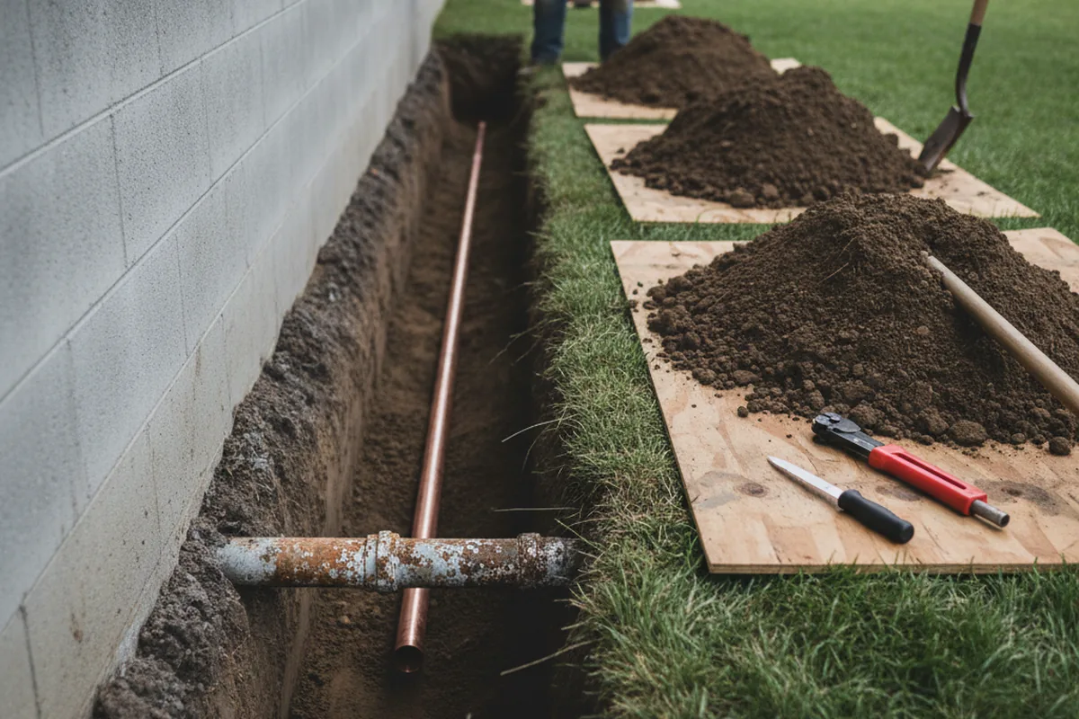 Excavated water line trench during Sewer Line Repair in Fort Lawn
